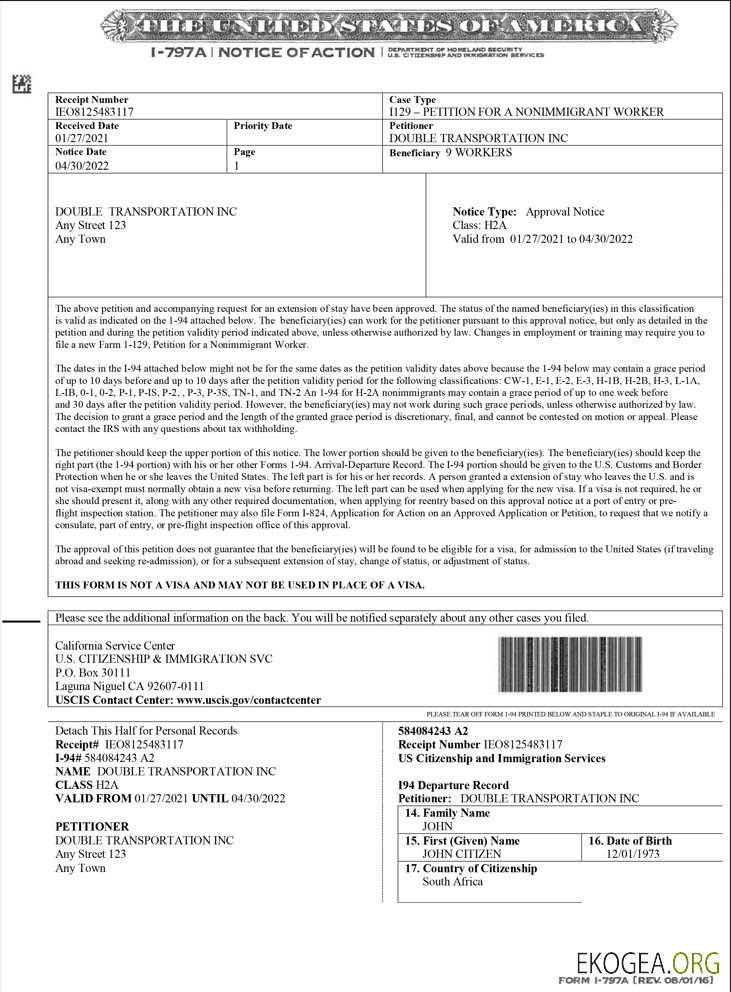 Formulaire américain I 797A, Avis d'action